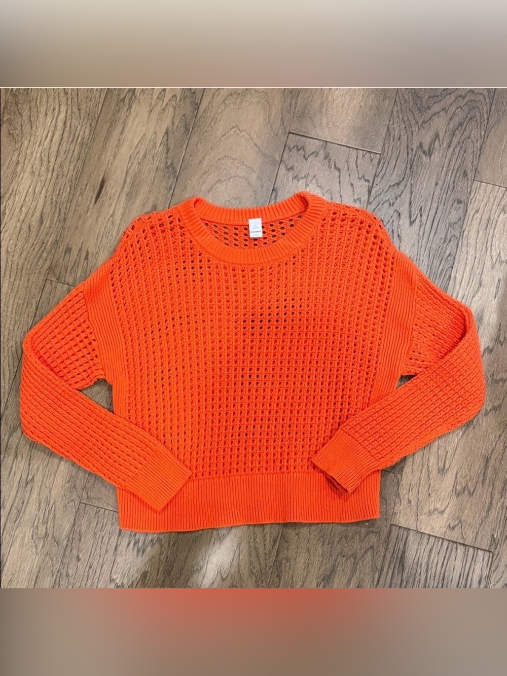 Old Navy Orange Open-Knit Crewneck Sweater Mesh Boxy Drop Shoulder